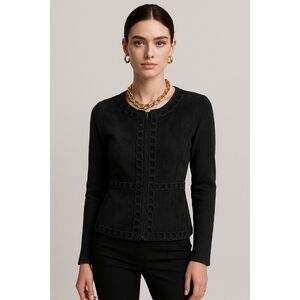 Willi Smith Black Suede Trim Zip Front Knit Jacket Cardigan Women’s Size S